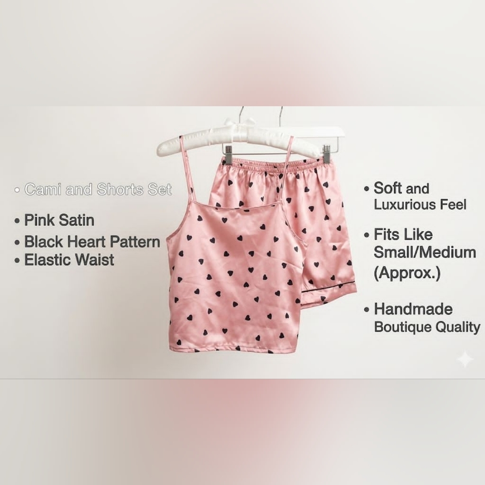 Pijama Pink Satin Cami&Short PJ Set With Black Hearts Size Small/Medium Approx. - Picture 2 of 16